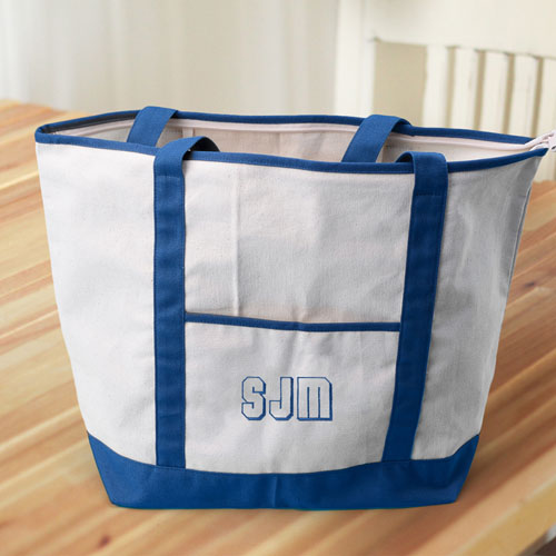 Blaue Bestickte Große Stofftasche mit 3 Buchstaben und Reißverschluss