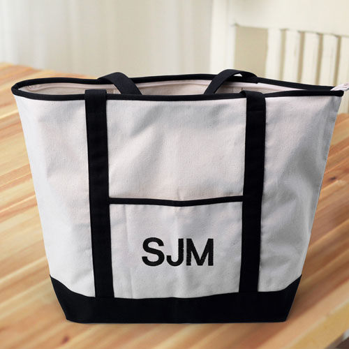 Schwarze Bestickte Große Stofftasche mit 3 Buchstaben und Reißverschluss
