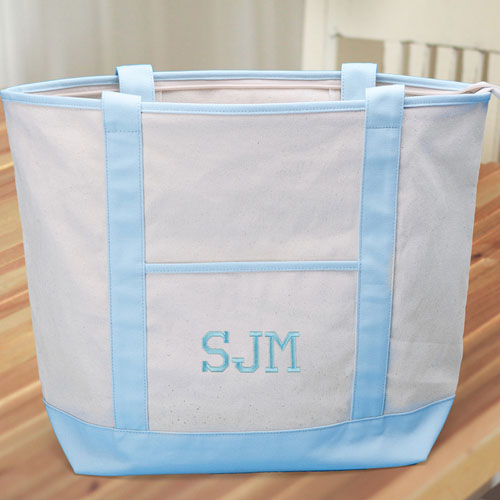 Hellblaue Bestickte Große Stofftasche mit 3 Buchstaben und Reißverschluss