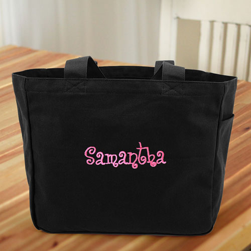 Vertikal Bestickte Baumwolltasche Personalisieren Schwarz