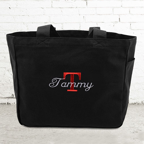 Bestickte Baumwolltasche Monogramm und Text Personalisieren Schwarz
